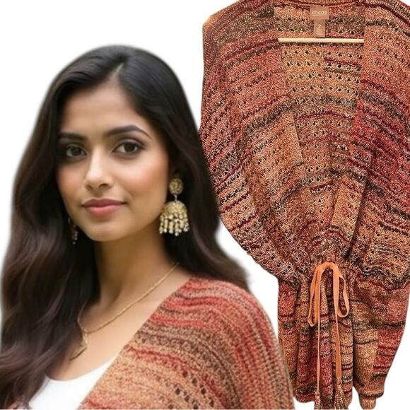 Chicos Autumn Open Knit Cotton Blend Tie Front Cardigan Size 2 Large - Picture 11 of 11